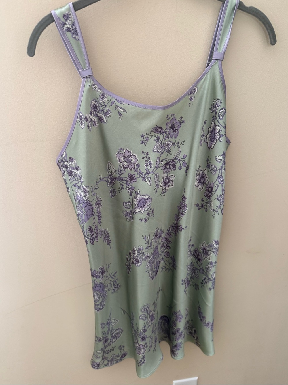 Vintage Halston  Slip Dress Night Gown green floral Chemise Negligee Satin Small